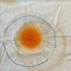 Vintage MCM Ice glass plate set of 4, 9", starburst deep orange centre